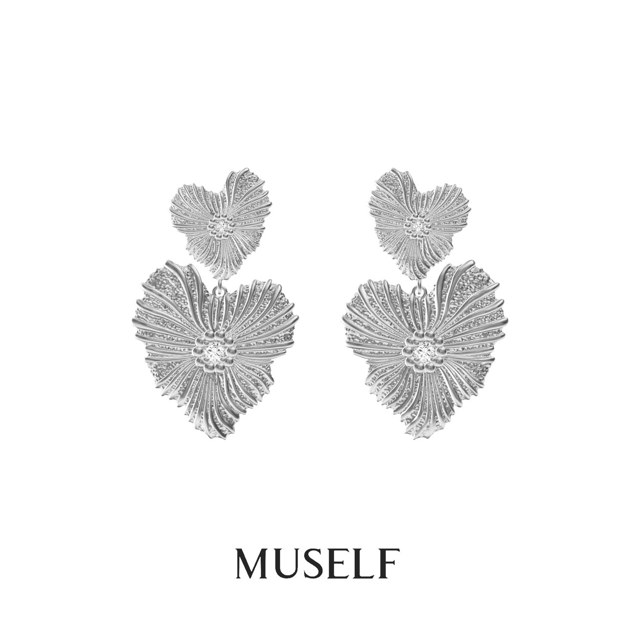 MUSELF Blooming Heart Flower Earrings Brass & Zircon Earrings with a Vintage Luxury Design