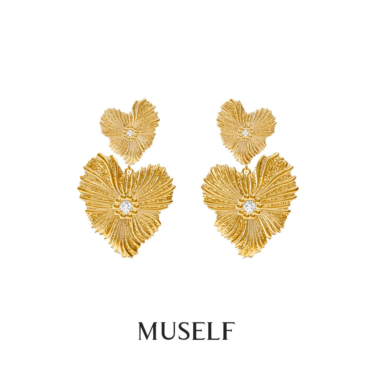 MUSELF Blooming Heart Flower Earrings Brass & Zircon Earrings with a Vintage Luxury Design