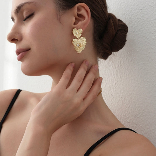 MUSELF Blooming Heart Flower Earrings Brass & Zircon Earrings with a Vintage Luxury Design